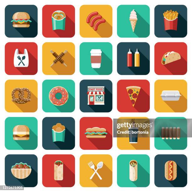 ilustraciones, imágenes clip art, dibujos animados e iconos de stock de conjunto de iconos de comida rápida - comida rápida