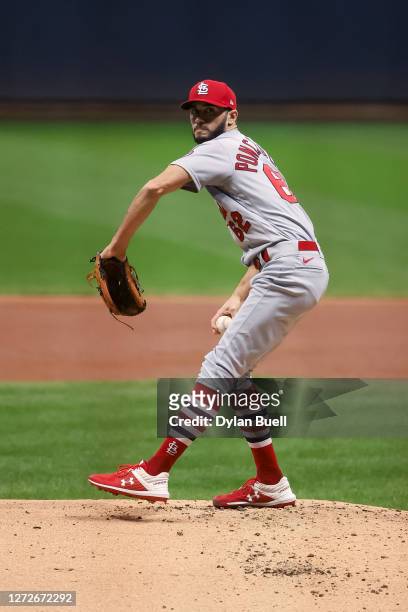 Daniel Ponce de Leon of the St. Louis Cardinals pitches in the first inning against the Milwaukee Brewers during game two of a doubleheader at Miller...
