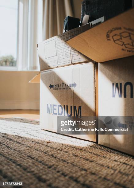 cardboard boxes in a domestic room during a house move - verhuiswagen stockfoto's en -beelden