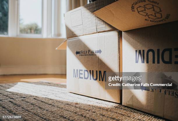 cardboard boxes in a domestic room during a house move - social security building stock pictures, royalty-free photos & images
