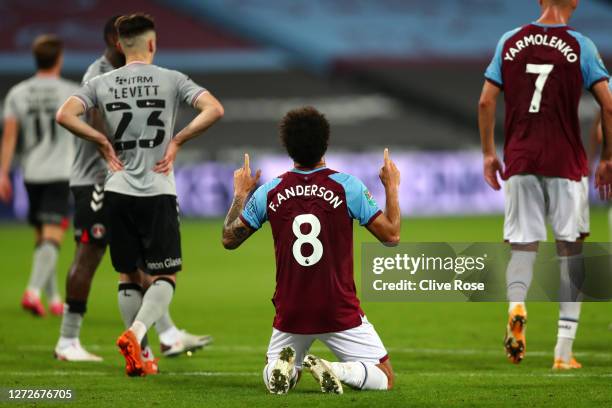 Felipe Anderson of West Ham United celebrates after scoring his team's third goal during the Carabao Cup Second Round Match between West Ham United...