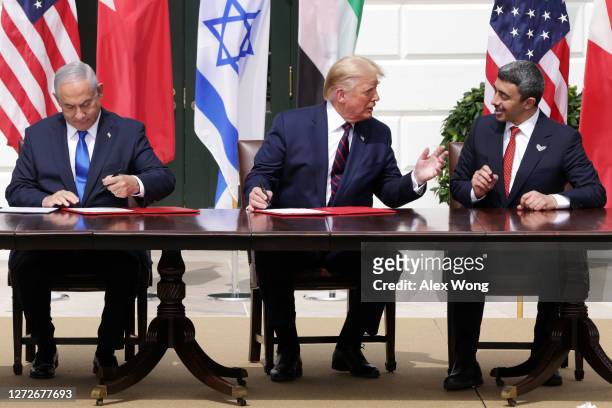 Prime Minister of Israel Benjamin Netanyahu, U.S. President Donald Trump, and Foreign Affairs Minister of the United Arab Emirates Abdullah bin Zayed...