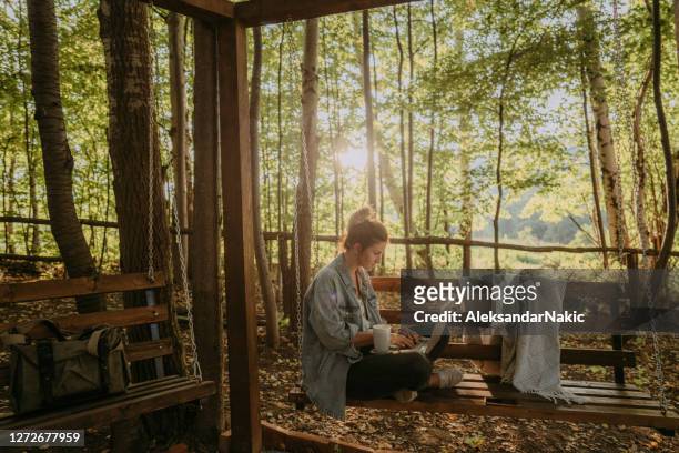 female freelancer working from a remote location - remote location stock pictures, royalty-free photos & images