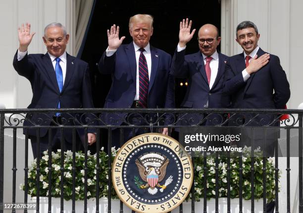 Prime Minister of Israel Benjamin Netanyahu, U.S. President Donald Trump, Foreign Affairs Minister of Bahrain Abdullatif bin Rashid Al Zayani, and...