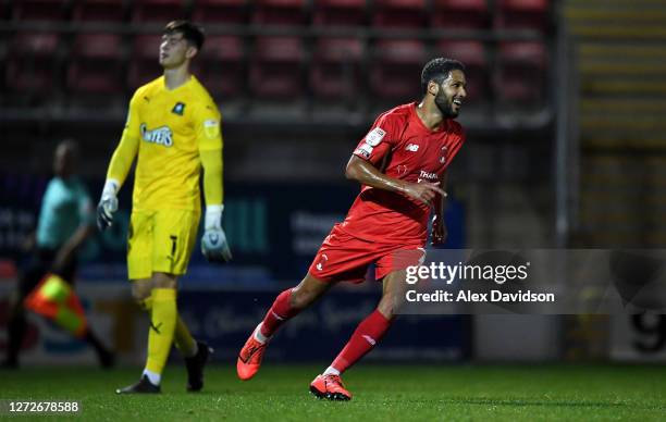 Jobi McAnuff of Leyton Orient reacts after chipping Michael Cooper of Plymouth Argyle to score his sides second goal during the Carabao Cup Second...