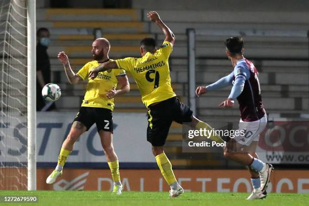 Jack Grealish of Aston Villa scores his team's second goal during the Carabao Cup Second Round match between Burton Albion and Aston Villa at Pirelli...