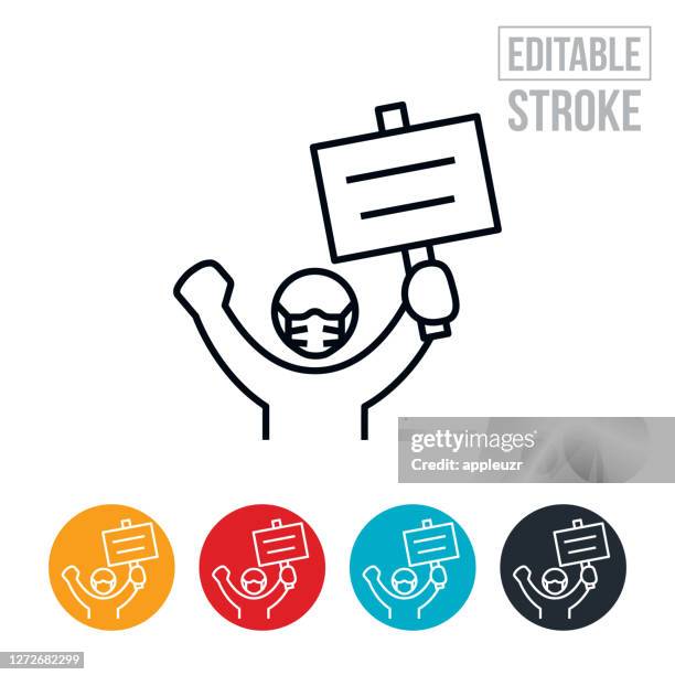 protester holding sign wearing face mask thin line icon - editable stroke - mask protest stock illustrations