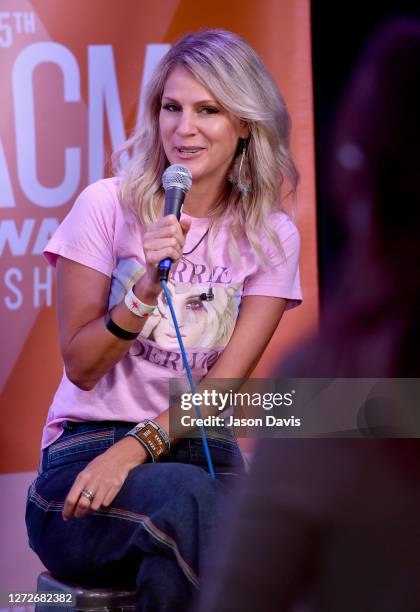 Jennifer Wayne of Runaway June speaks during an interview at virtual radio row during the 55th Academy of Country Music Awards at Gaylord Opryland...