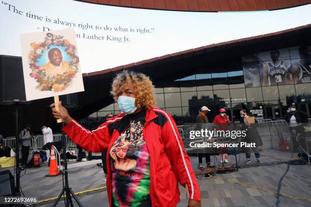 Eric Garner's mother, Gwen Carr, attends a commemoration to celebrate the birthday of Eric Garner at the Barclay's Center in Brooklyn on September...
