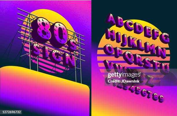 stockillustraties, clipart, cartoons en iconen met retro dakdecobillboardteken decoratief alfabetbeeld dat in synthgolfstijl wordt geplaatst - 80s font