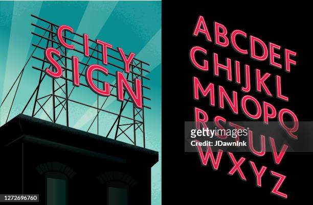 retro rooftop billboard sign decorative alphabet font set - billboard stock illustrations