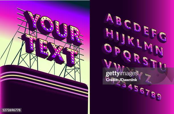 retro rooftop billboard sign decorative alphabet font set in synth wave style - 80s font stock illustrations