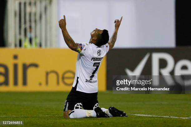 Esteban Paredes of Colo-Colo celebrates after scoring the second goal of his team on a penalty kick during a group C match between Colo Colo and...