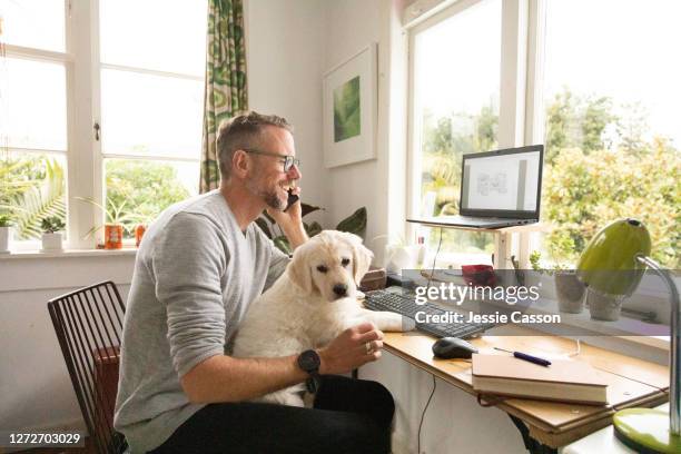 man working from home with cute puppy on his knee - middle age man with dog stockfoto's en -beelden