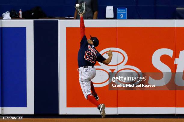 Yairo Munoz of the Boston Red Sox makes a catch during the eighth inning against the Miami Marlins at Marlins Park on September 15, 2020 in Miami,...