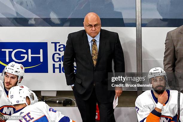Head coach Barry Trotz of the New York Islanders looks on against the Tampa Bay Lightning during the second period in Game Five of the Eastern...