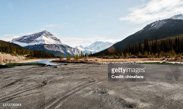 empty dirt beach with traces against canadian rockies - mountain stock pictures, royalty-free photos & images