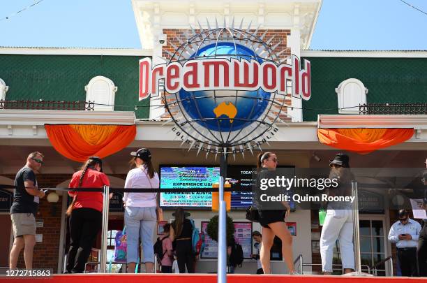 Patrons enter Dreamworld on September 16, 2020 in Gold Coast, Australia. Dreamworld and its sister park White Water World have reopened to the public...