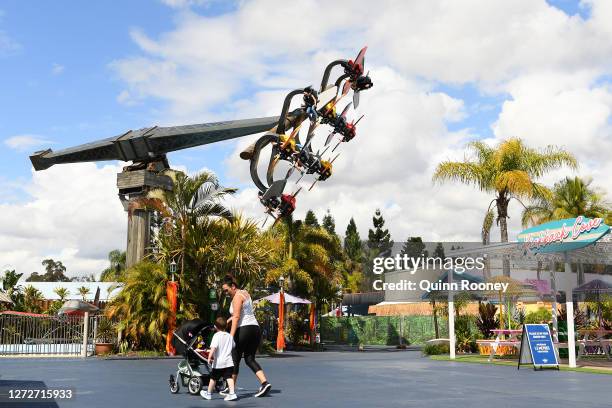 Patrons enjoy the rides at Dreamworld on September 16, 2020 in Gold Coast, Australia. Dreamworld and its sister park White Water World have reopened...