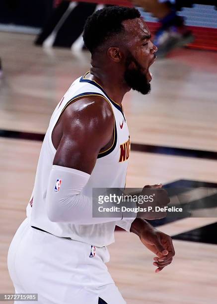 Paul Millsap of the Denver Nuggets reacts during the third quarter against the LA Clippers in Game Seven of the Western Conference Second Round...