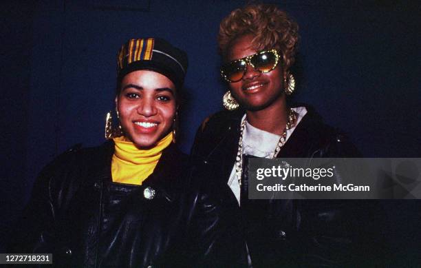 Hip Hip artists Salt-n-Pepa pose for a photo at a party for the release of Run DMC's album "Tougher Than Leather" on September 15, 1988 at the...