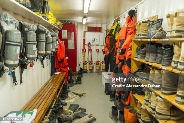 Drying room of the Emergency Antarctic Module of Comandante Ferraz Station, on January 13, 2020 in King George Island, Antarctica.