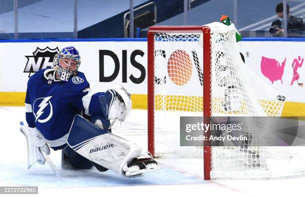 Goaltender Andrei Vasilevskiy of the Tampa Bay Lightning can't make the save on a shot for the game-winning goal by Jordan Eberle of the New York...