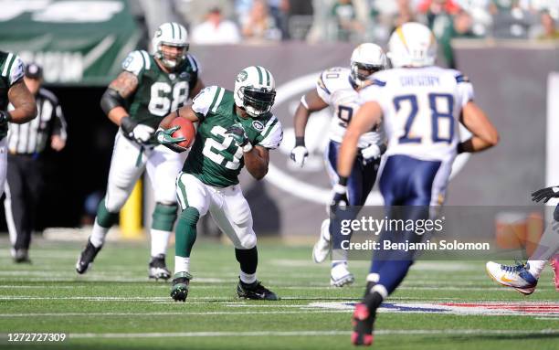 LaDainian Tomlinson of the New York Jets during a game against the San Diego Chargers at Metlife Stadium on October 23, 2011 in East Rutherford, New...