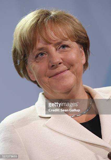 German Chancellor Angela Merkel speaks to the media prior to talks with Greek Prime Minister George Papandreou at the Chancellery on September 27,...