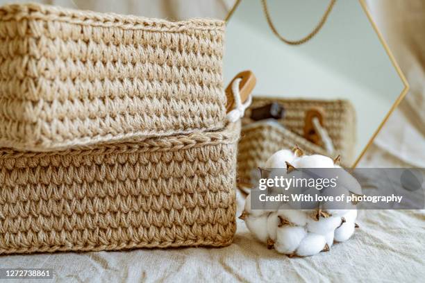 handmade natural jute knitted basket, home decoration, scandinavian style, beige tones no people, sustainable decor - storage basket stock pictures, royalty-free photos & images