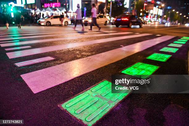 An illuminated zebra crossing is pictured in Zhongguancun on September 15, 2020 in Beijing, China.