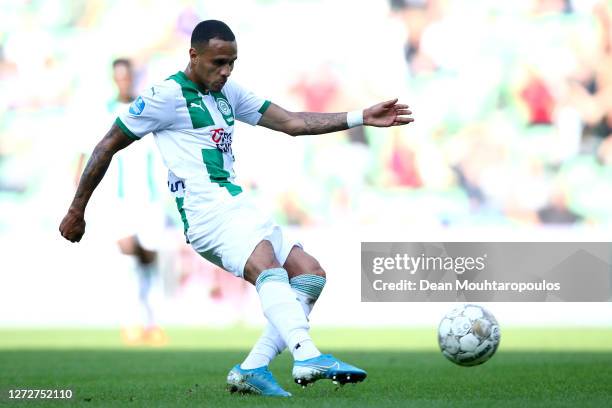 Damil Dankerlui of Football Club Groningen shoots on goal during the Dutch Eredivisie match between FC Groningen and PSV Eindhoven at Hitachi Capital...