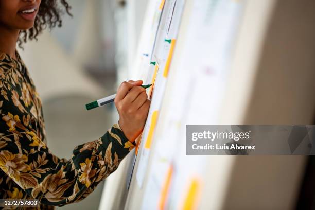 close-up of businesswoman writing on whiteboard at workplace - woman whiteboard stock-fotos und bilder