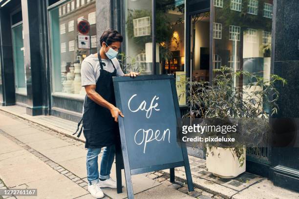 all set to restart business - pavement cafe imagens e fotografias de stock