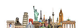 World landmarks and famous monuments collage isolated on panoramic white background