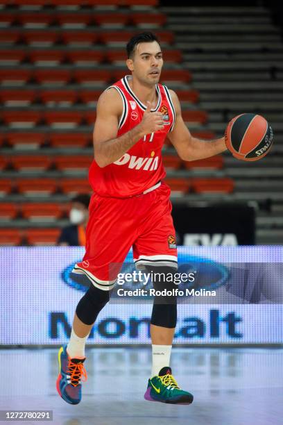 Kostas Sloukas, #11 of Olympiacos Piraeus in action during the Turkish Airlines EuroLeague We're Back Preseason Tour Valencia semifinal A LDLC ASVEL...