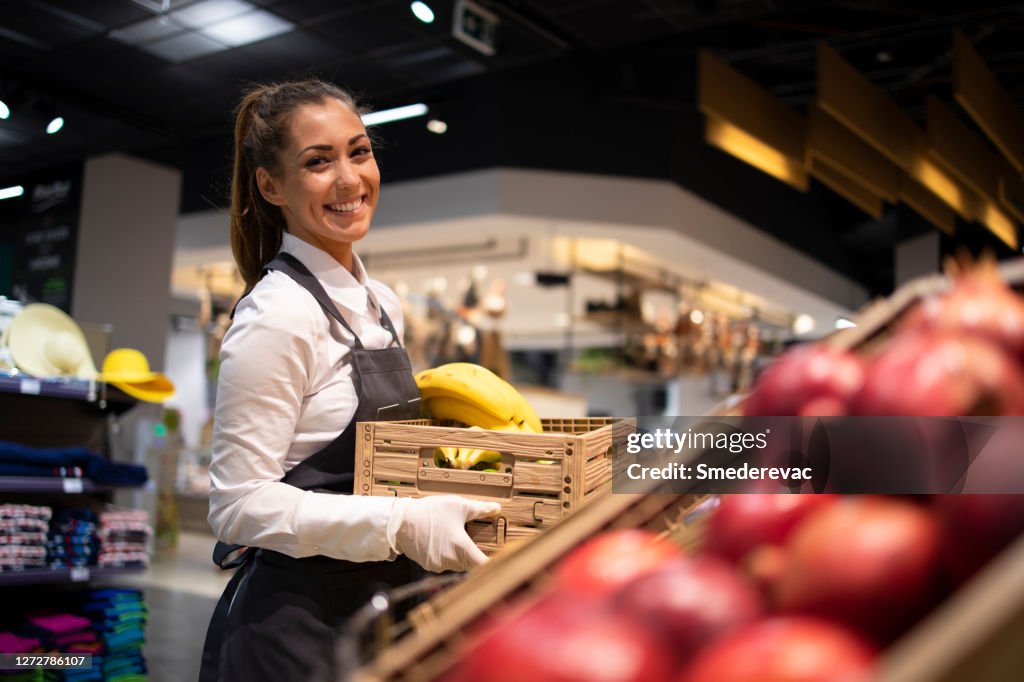 Work In Store Working In Grocery Store Supermarket Worker Supplying Fruit Department ...