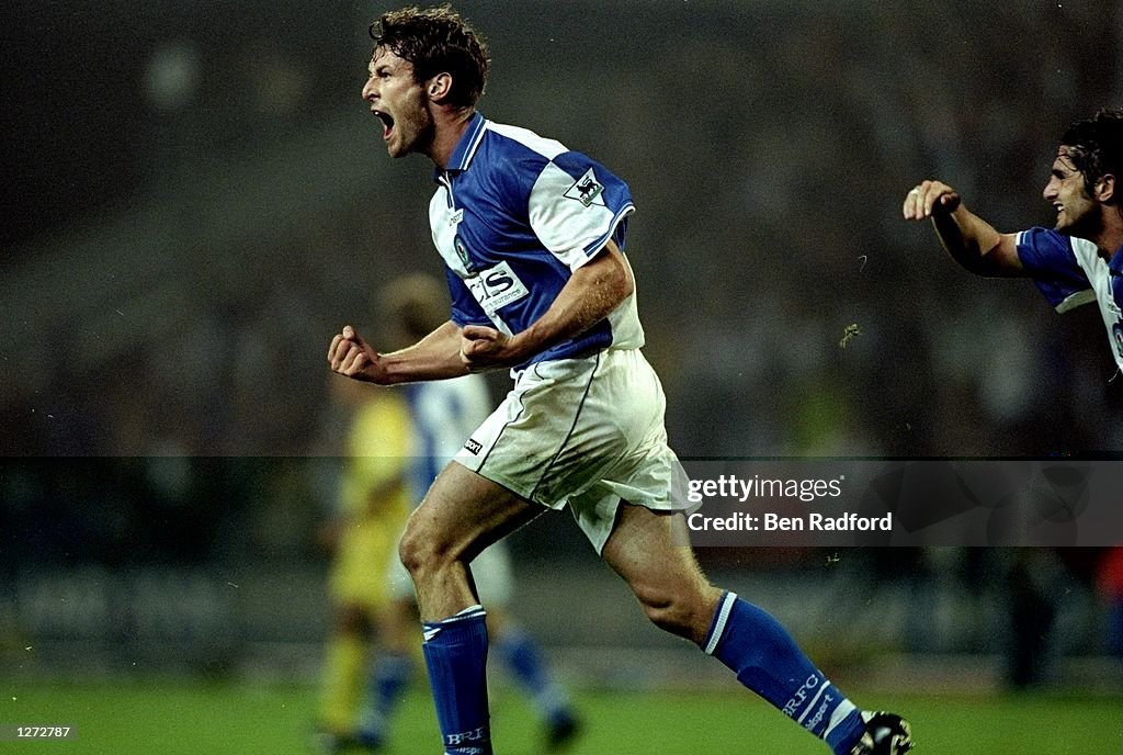 Chris Sutton of Blackburn Rovers celebratrs his first goal of the game