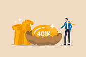 Retirement 401K investment, tax defer mutual fund for salary man financial success concept, happy young businessman investor stand with wealthy golden egg with word 401K and dollar money coin stack.