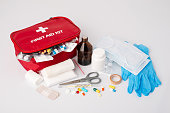 Full set of emergency medicine, medication for giving first aid to a sick or injured person on white background