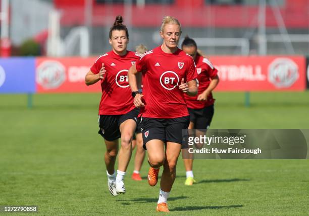Sophie Ingle and Angharrad Lewis taking part in a Wales women's national football team session on September 16, 2020 in Pontypridd, Wales. United...