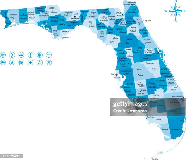 karte von florida mit symbolen und schlüssel - hauptstadt stock-grafiken, -clipart, -cartoons und -symbole