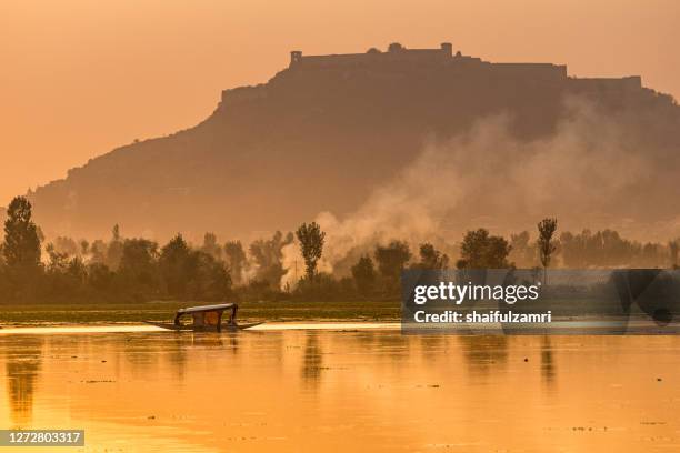 sightseeing over dal lake using a shikara - a type of traditional wooden boat. - dalmeer stockfoto's en -beelden