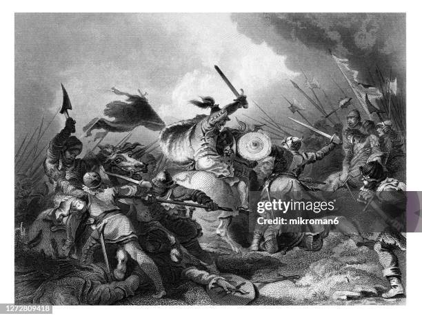 old engraved illustration of the battle of hastings - battle of hastings stockfoto's en -beelden