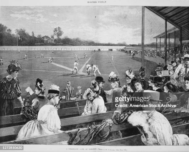 Lithograph depicting a view from group of spectators, mostly women, watching a baseball game in progress from behind home plate, titled 'A Collegiate...
