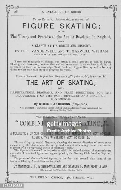 Advertisement from 'The Field' magazine, featuring a 'Catalogue of Books' - 'Figure Skating' , 'The Art of Ice Skating' , and 'Combined Figure...