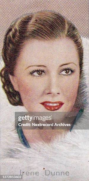 Collectible Carreras Ltd tobacco card, Film Stars series, published in 1936, depicting glamorous Hollywood cinema stars, here Irene Dunne poses in a...