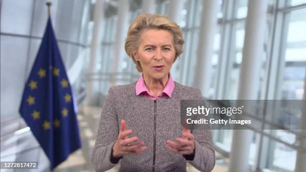 In this screengrab, European Commission President Ursula von der Leyen speaks as part of SWITCH GREEN during day 1 of the Greentech Festival at...
