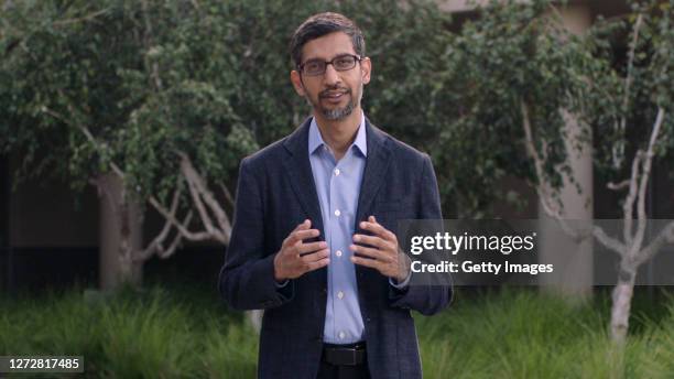 In this screengrab, Sundar Pichai speaks as part of SWITCH GREEN during day 1 of the Greentech Festival at Kraftwerk Mitte aired on September 16,...