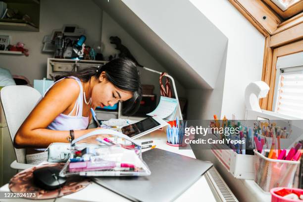 female teenager feeling stressed studing at home.e learning.home schooling - homework frustration stock pictures, royalty-free photos & images